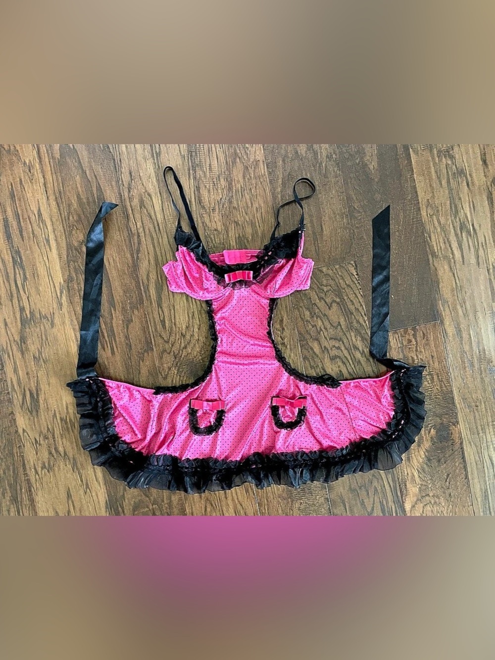 Dreamgirl Polka Dot Ruffle Lingerie in Pink & Black Size Large